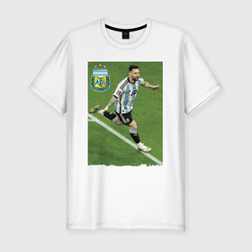 Мужская футболка хлопок Slim с принтом Argentina   Lionel Messi   world champion в Петрозаводске, 92% хлопок, 8% лайкра | приталенный силуэт, круглый вырез ворота, длина до линии бедра, короткий рукав | 