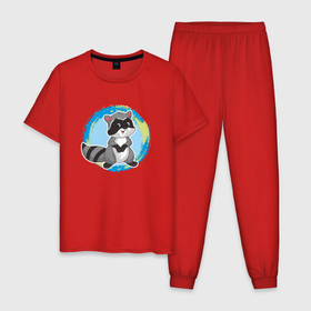 Мужская пижама хлопок с принтом Мультяшный енот в Санкт-Петербурге, 100% хлопок | брюки и футболка прямого кроя, без карманов, на брюках мягкая резинка на поясе и по низу штанин
 | 