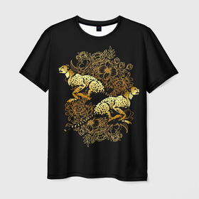 Мужская футболка 3D с принтом Гепарды и золотые цветы в Кировске, 100% полиэфир | прямой крой, круглый вырез горловины, длина до линии бедер | 