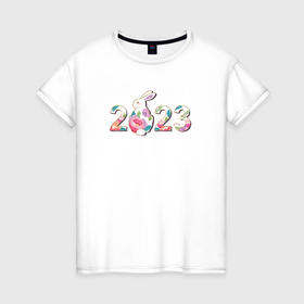 Женская футболка хлопок с принтом надпись 2023  год кролика в Екатеринбурге, 100% хлопок | прямой крой, круглый вырез горловины, длина до линии бедер, слегка спущенное плечо | 