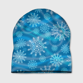 Шапка 3D с принтом Узор из снежинок на синем фоне в Кировске, 100% полиэстер | универсальный размер, печать по всей поверхности изделия | 