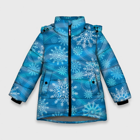 Зимняя куртка для девочек 3D с принтом Узор из снежинок на синем фоне в Екатеринбурге, ткань верха — 100% полиэстер; подклад — 100% полиэстер, утеплитель — 100% полиэстер. | длина ниже бедра, удлиненная спинка, воротник стойка и отстегивающийся капюшон. Есть боковые карманы с листочкой на кнопках, утяжки по низу изделия и внутренний карман на молнии. 

Предусмотрены светоотражающий принт на спинке, радужный светоотражающий элемент на пуллере молнии и на резинке для утяжки. | Тематика изображения на принте: 