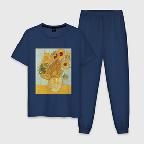 Мужская пижама хлопок с принтом Подсолнухи Ван Гога в Кировске, 100% хлопок | брюки и футболка прямого кроя, без карманов, на брюках мягкая резинка на поясе и по низу штанин
 | 