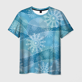 Мужская футболка 3D с принтом Узор из снежинок на синем фоне в Белгороде, 100% полиэфир | прямой крой, круглый вырез горловины, длина до линии бедер | 