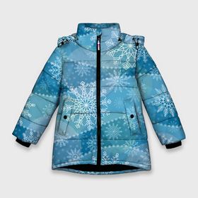 Зимняя куртка для девочек 3D с принтом Узор из снежинок на синем фоне в Екатеринбурге, ткань верха — 100% полиэстер; подклад — 100% полиэстер, утеплитель — 100% полиэстер. | длина ниже бедра, удлиненная спинка, воротник стойка и отстегивающийся капюшон. Есть боковые карманы с листочкой на кнопках, утяжки по низу изделия и внутренний карман на молнии. 

Предусмотрены светоотражающий принт на спинке, радужный светоотражающий элемент на пуллере молнии и на резинке для утяжки. | Тематика изображения на принте: 