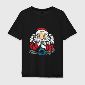 Мужская футболка хлопок Oversize с принтом Санта с дудочкой в Екатеринбурге, 100% хлопок | свободный крой, круглый ворот, “спинка” длиннее передней части | 
