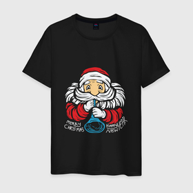 Мужская футболка хлопок с принтом Санта с дудочкой в Кировске, 100% хлопок | прямой крой, круглый вырез горловины, длина до линии бедер, слегка спущенное плечо. | 