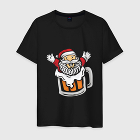 Мужская футболка хлопок с принтом Санта в пиве в Кировске, 100% хлопок | прямой крой, круглый вырез горловины, длина до линии бедер, слегка спущенное плечо. | 