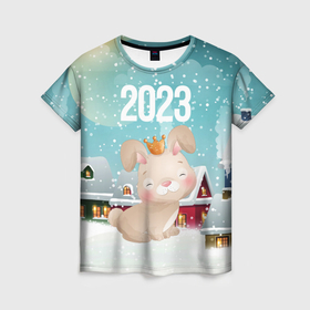 Женская футболка 3D с принтом Новый год 2023 милая зайка в Белгороде, 100% полиэфир ( синтетическое хлопкоподобное полотно) | прямой крой, круглый вырез горловины, длина до линии бедер | 