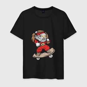 Мужская футболка хлопок с принтом Санта на скейте с подарками в Кировске, 100% хлопок | прямой крой, круглый вырез горловины, длина до линии бедер, слегка спущенное плечо. | 
