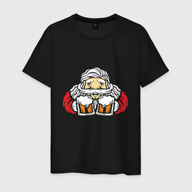 Мужская футболка хлопок с принтом Санта с пивасиком в Кировске, 100% хлопок | прямой крой, круглый вырез горловины, длина до линии бедер, слегка спущенное плечо. | 