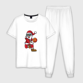 Мужская пижама хлопок с принтом Новогодний баскетбол в Екатеринбурге, 100% хлопок | брюки и футболка прямого кроя, без карманов, на брюках мягкая резинка на поясе и по низу штанин
 | Тематика изображения на принте: 