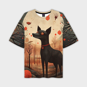 Мужская футболка oversize 3D с принтом Собака в лесу в Folk Art стиле в Белгороде,  |  | 