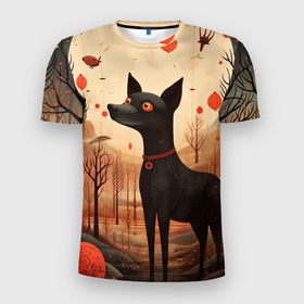 Мужская футболка 3D Slim с принтом Собака в лесу в Folk Art стиле в Кировске, 100% полиэстер с улучшенными характеристиками | приталенный силуэт, круглая горловина, широкие плечи, сужается к линии бедра | 