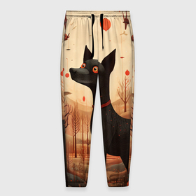 Мужские брюки 3D с принтом Собака в лесу в Folk Art стиле в Курске, 100% полиэстер | манжеты по низу, эластичный пояс регулируется шнурком, по бокам два кармана без застежек, внутренняя часть кармана из мелкой сетки | 