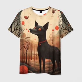 Мужская футболка 3D с принтом Собака в лесу в Folk Art стиле в Белгороде, 100% полиэфир | прямой крой, круглый вырез горловины, длина до линии бедер | 