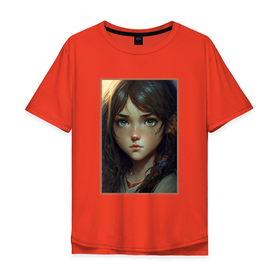 Мужская футболка хлопок Oversize с принтом Девочка с полевыми цветами в волосах в Екатеринбурге, 100% хлопок | свободный крой, круглый ворот, “спинка” длиннее передней части | 