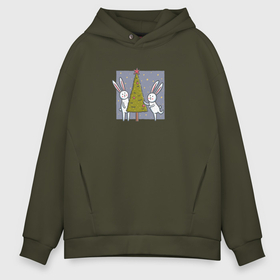 Мужское худи Oversize хлопок с принтом Милые кролики наряжают елку в Новый год в городе Новоалтайск, френч-терри — 70% хлопок, 30% полиэстер. Мягкий теплый начес внутри —100% хлопок | боковые карманы, эластичные манжеты и нижняя кромка, капюшон на магнитной кнопке | Тематика изображения на принте: 