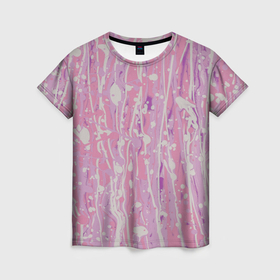 Женская футболка 3D с принтом Картина из тёмно розовых и белых растекающихся красок в Петрозаводске, 100% полиэфир ( синтетическое хлопкоподобное полотно) | прямой крой, круглый вырез горловины, длина до линии бедер | 