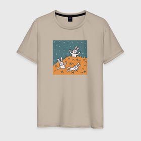 Мужская футболка хлопок с принтом Милые кролики и гора мандаринов. Новый год в Курске, 100% хлопок | прямой крой, круглый вырез горловины, длина до линии бедер, слегка спущенное плечо. | 