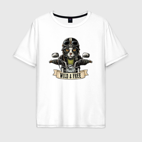 Мужская футболка хлопок Oversize с принтом Кот байкер в Петрозаводске, 100% хлопок | свободный крой, круглый ворот, “спинка” длиннее передней части | Тематика изображения на принте: 