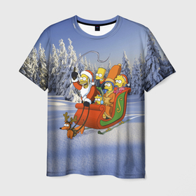 Мужская футболка 3D с принтом Семейка Симпсонов в новогодних санях , 100% полиэфир | прямой крой, круглый вырез горловины, длина до линии бедер | Тематика изображения на принте: 