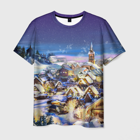 Мужская футболка 3D с принтом Рождественская деревня в Белгороде, 100% полиэфир | прямой крой, круглый вырез горловины, длина до линии бедер | 