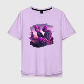 Мужская футболка хлопок Oversize с принтом Цвет кактусов фиолетовый в Кировске, 100% хлопок | свободный крой, круглый ворот, “спинка” длиннее передней части | 