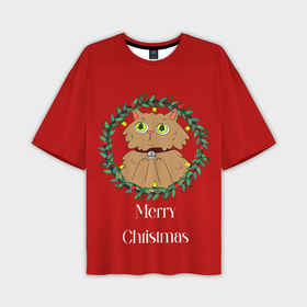 Мужская футболка oversize 3D с принтом Christmas cat with a garland в Екатеринбурге,  |  | Тематика изображения на принте: 