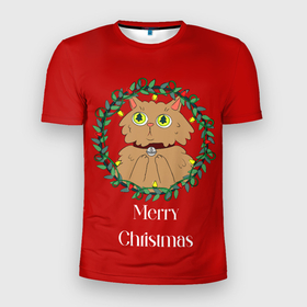 Мужская футболка 3D Slim с принтом Christmas cat with a garland в Тюмени, 100% полиэстер с улучшенными характеристиками | приталенный силуэт, круглая горловина, широкие плечи, сужается к линии бедра | Тематика изображения на принте: 