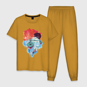 Мужская пижама хлопок с принтом Осенний пейзаж: вечер в Тюмени, 100% хлопок | брюки и футболка прямого кроя, без карманов, на брюках мягкая резинка на поясе и по низу штанин
 | 