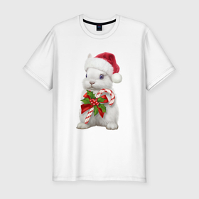 Мужская футболка хлопок Slim с принтом Кролик в шапочке на Новый Год в Курске, 92% хлопок, 8% лайкра | приталенный силуэт, круглый вырез ворота, длина до линии бедра, короткий рукав | 