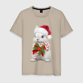 Мужская футболка хлопок с принтом Кролик в шапочке на Новый Год в Санкт-Петербурге, 100% хлопок | прямой крой, круглый вырез горловины, длина до линии бедер, слегка спущенное плечо. | 
