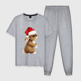 Мужская пижама хлопок с принтом Кролик в шапке новый 2023 год в Санкт-Петербурге, 100% хлопок | брюки и футболка прямого кроя, без карманов, на брюках мягкая резинка на поясе и по низу штанин
 | 