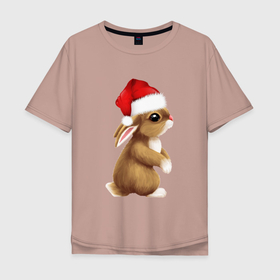 Мужская футболка хлопок Oversize с принтом Кролик в шапке новый 2023 год в Санкт-Петербурге, 100% хлопок | свободный крой, круглый ворот, “спинка” длиннее передней части | 