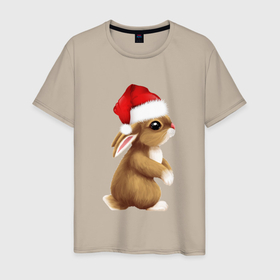 Мужская футболка хлопок с принтом Кролик в шапке новый 2023 год в Санкт-Петербурге, 100% хлопок | прямой крой, круглый вырез горловины, длина до линии бедер, слегка спущенное плечо. | 