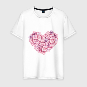 Мужская футболка хлопок с принтом Сердце из гортензии в Кировске, 100% хлопок | прямой крой, круглый вырез горловины, длина до линии бедер, слегка спущенное плечо. | 