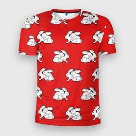 Мужская футболка 3D Slim с принтом Секс кролики на красном в Санкт-Петербурге, 100% полиэстер с улучшенными характеристиками | приталенный силуэт, круглая горловина, широкие плечи, сужается к линии бедра | 