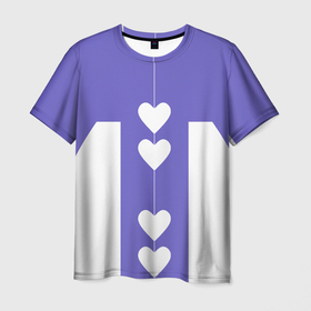 Мужская футболка 3D с принтом белые сердца на фиолетовом в Курске, 100% полиэфир | прямой крой, круглый вырез горловины, длина до линии бедер | 