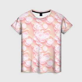 Женская футболка 3D с принтом Абстрактный узор с цветами в розовых оттенках , 100% полиэфир ( синтетическое хлопкоподобное полотно) | прямой крой, круглый вырез горловины, длина до линии бедер | 