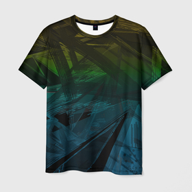 Мужская футболка 3D с принтом Черный абстрактный узор на сине зеленом фоне в Белгороде, 100% полиэфир | прямой крой, круглый вырез горловины, длина до линии бедер | 