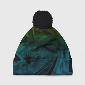 Шапка 3D c помпоном с принтом Черный абстрактный узор на сине зеленом фоне в Санкт-Петербурге, 100% полиэстер | универсальный размер, печать по всей поверхности изделия | 