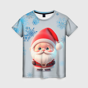 Женская футболка 3D с принтом Дед мороз и много снежинок в Белгороде, 100% полиэфир ( синтетическое хлопкоподобное полотно) | прямой крой, круглый вырез горловины, длина до линии бедер | 