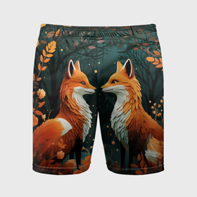 Мужские шорты спортивные с принтом Две лисоньки в стиле Folk Art ,  |  | Тематика изображения на принте: 