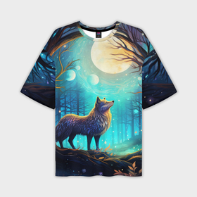 Мужская футболка oversize 3D с принтом Волк в ночном лесу в folk art стиле в Санкт-Петербурге,  |  | Тематика изображения на принте: 