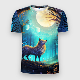 Мужская футболка 3D Slim с принтом Волк в ночном лесу в folk art стиле в Кировске, 100% полиэстер с улучшенными характеристиками | приталенный силуэт, круглая горловина, широкие плечи, сужается к линии бедра | 