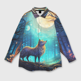 Мужская рубашка oversize 3D с принтом Волк в ночном лесу в folk art стиле ,  |  | 