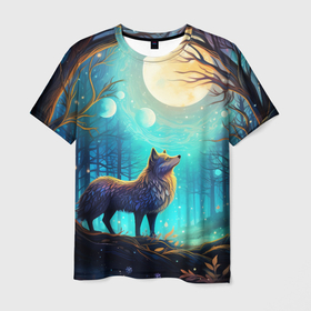 Мужская футболка 3D с принтом Волк в ночном лесу в folk art стиле , 100% полиэфир | прямой крой, круглый вырез горловины, длина до линии бедер | Тематика изображения на принте: 