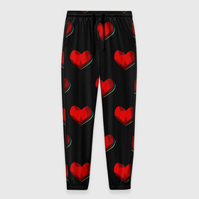 Мужские брюки 3D с принтом Красные сердца полигоны в Екатеринбурге, 100% полиэстер | манжеты по низу, эластичный пояс регулируется шнурком, по бокам два кармана без застежек, внутренняя часть кармана из мелкой сетки | 