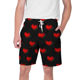 Мужские шорты 3D с принтом Красные сердца полигоны в Новосибирске,  полиэстер 100% | прямой крой, два кармана без застежек по бокам. Мягкая трикотажная резинка на поясе, внутри которой широкие завязки. Длина чуть выше колен | 